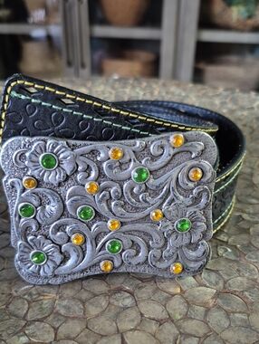 John Deere Blk Embossed Leather Belt w/Rhinestone Embellished Silvertone Buckle